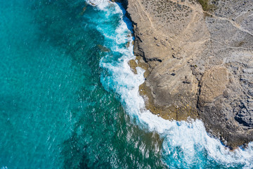 Aerial view, cliff and beach, Cala Agulla, Cala Mesquida, Mallorca, Balearic Islands, Spain