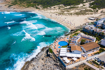 Aerial view, cliff and beach with Hotel Viva Cala Mesquida Resort & Spa, Cala Agulla, Cala Mesquida, Mallorca, Balearic Islands, Spain