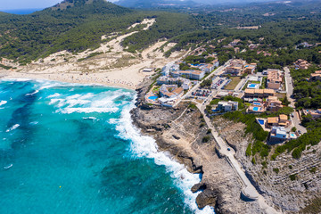 Aerial view, cliff and beach with Hotel Viva Cala Mesquida Resort & Spa, Cala Agulla, Cala Mesquida, Mallorca, Balearic Islands, Spain