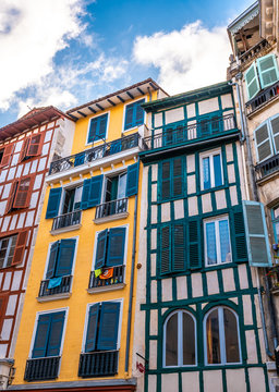 Beautiful colored houses in the old part of the city of Bayonne, Pyrenees Atlantiques. France