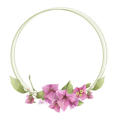 A pink bougainvillaea round frame  with green linear elements hand painted in watercolor isolated on a white background. Watercolor floral frame. Watercolor bougainvillea frame.