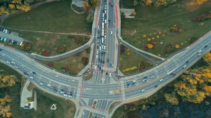 Aerial View of Road Traffic in Warsaw, Poland, Europe. Bridge Highway with Cars