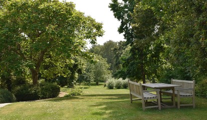 wooden benches and table in the garden