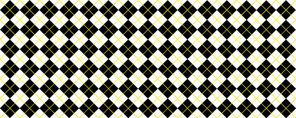 Black, yellow Scottish Argyle style. Diamond pattern. Retro argyle pattern Checkered texture from rhombus, squares Flat tartan checker print. Vector gingham and bluffalo check line. Christmas, xmass.