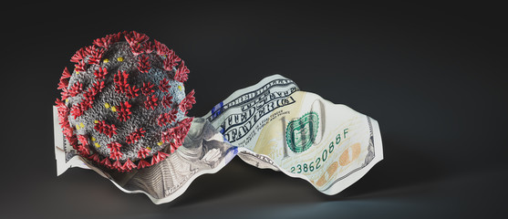 Coronavirus Covid19 on crumpled one hundred dollar bill.
