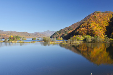 裏磐梯の秋元湖に浮かぶ数々の小島と山々の紅葉