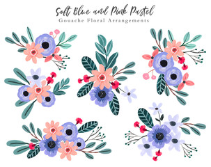 Soft Blue and Pink Pastel Floral Gouache Arrangements