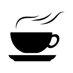 Black silhouette of a cup. Hot tea or coffee cup icon with aroma effect on white background. Vector illustration. Isolated object.