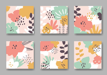 Set of six vector square backgrounds with abstract flowers ornament