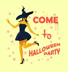 Elegantly dressed in evening dress adorable witch dances and invites you to a Halloween party. All Saints Eve concept card. Vector flat design illustration.