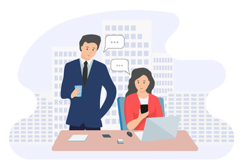 Vector illustration of business employees, men and women, talking about business processes in the office.