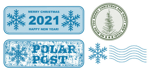 Set of vector stamps., Realistic christmas tree, gift and inscription 2021. Grunge lines surface.