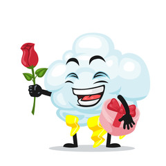 vector illustration of thunder cloud mascot or character give flower and holding pink gift
