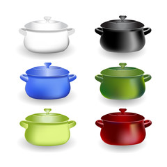 Set of kitchen green pans. Illustration of cookware realistic design isolated on a white background.