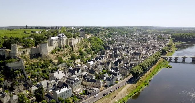 Drone video of the Chinon village with its royal fortress next to the Vienne river in Loire Valley France