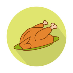 Thanksgiving dinner roast turkey flat icon for apps or websites on green background