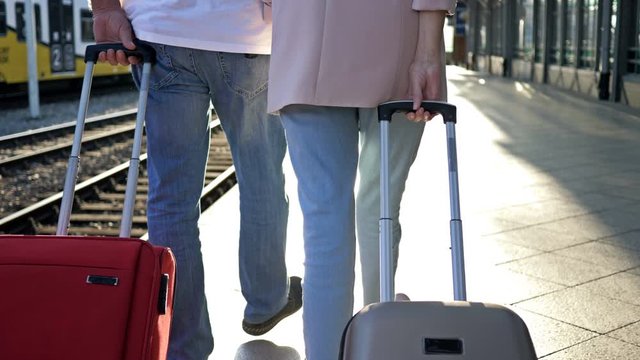An elderly married couple with suitcases walks hand in hand along the platform. Back view.