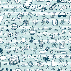 Workplace concept. Mess on the table Seamless Pattern. Messy desk. Hand Drawn Doodle Tic Tac toe, Stationery, Food and other items that are on desktop. Back to school. Vector background
