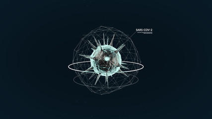 Virus molecule in digital grid with information callout, 3d render