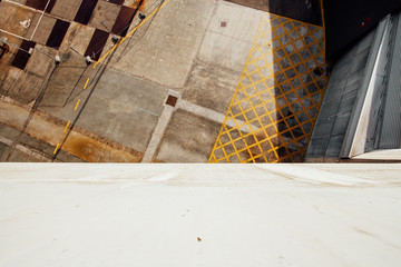 Abstract images of a city. Views from the top of a building. Details of concrete buildings. Backgrounds and textures. Industrial art and city.