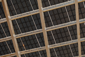 Close up of a big solar panel. Detail, abstract image, backgrounds and textures. Industrial art and city.