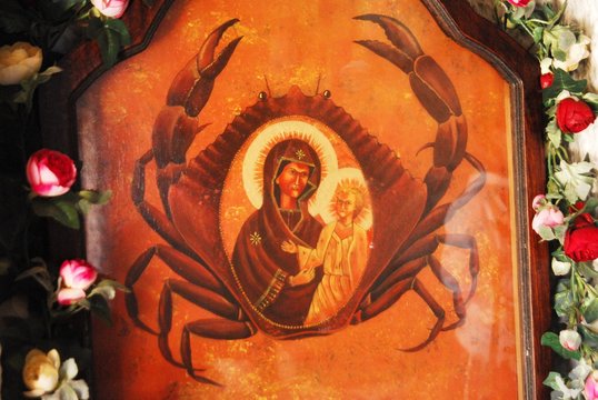 The icon of  Panagia Kavouradena or Madonna of the crabs inside the church of Panagia Kavouradena at Ksirokambos village in Leros island.