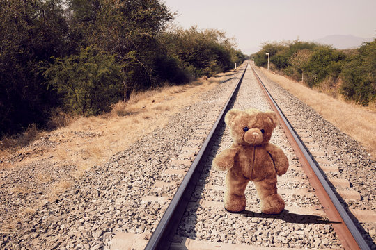 Lone walked teddy bear on lonely road landscape.