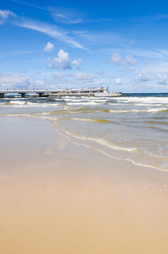 The beach and pier in Kolobrzeg, Poland
