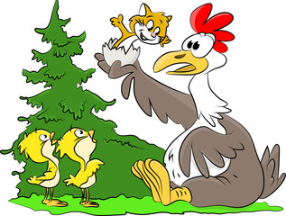 Cartoon chicken surprised to see a cat came up from one of her eggs vector illustration