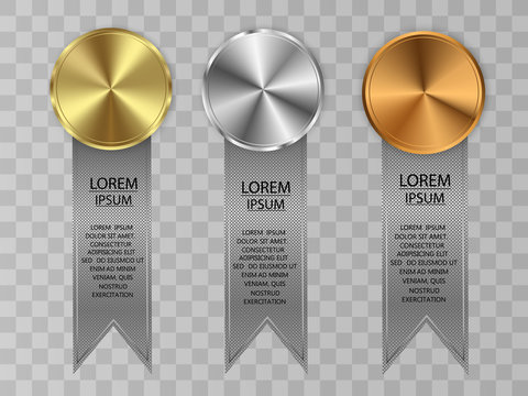 Set of gold, bronze and silver. Winner award competition, prize medal and banner for text. Award medals isolated on transparent background. Vector illustration of winner concept.