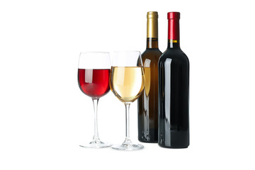 Bottles and glasses of wine isolated on white background