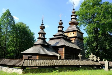 Beautiful historic wooden former lemko church in the village of Kotan on a sunny morning. Low Beskids Mountains, Poland