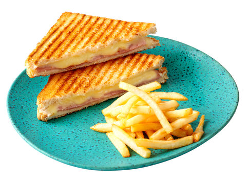 Sandwich mixto de jam&oacute;n y queso con patatas fritas
