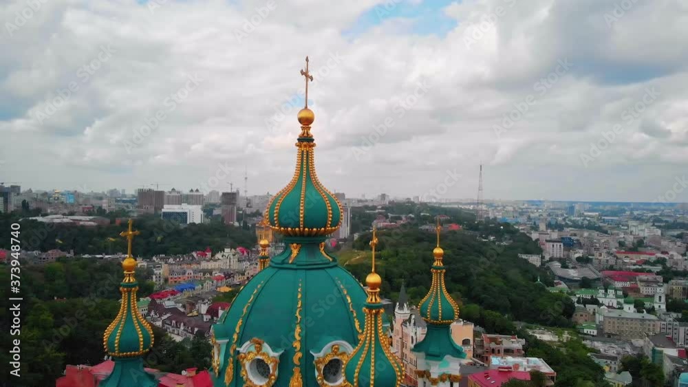 Poster Aerial top view of Saint Andrew's church and Andreevska street from above, cityscape of Podol district, city of Kiev (Kyiv), Ukraine