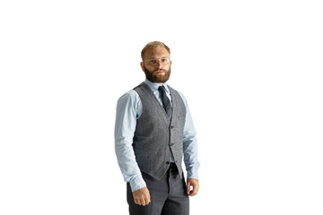 Cheerful handsome businessman isolated over white studio background, copyspace. Modern young director, manager in office suit, full length portrait. Confident. Business, finance, tech concept.