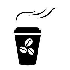 Black silhouette of a paper cup with hot coffee. Aroma effect. Vector illustration on white background. Isolated object.