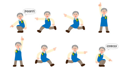 指を指す初心者店員エプロンシニア男性