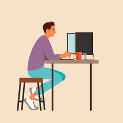 A person is sitting at a table and working on a laptop. vector illustration. Сolor vector illustration in a realistic style