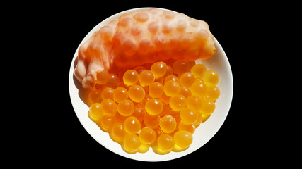 giant sea catfish roe, arius thalassinus, fish eggs on plate with path clipping masks
