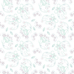 Vector seamless decorative floral pattern. Imitation of pastel technique, decorative leaves, small flowers and curls on a white background. Print for the design of scarves, hijabs, napkins, tiles.