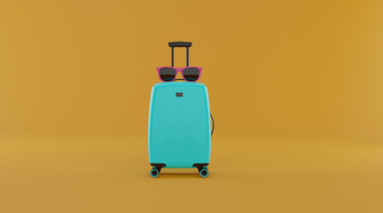Traveling suitcase with sunglasses on yellow background. travel concept. 3d rendering.