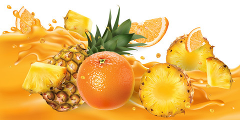 Pineapples and oranges on a fruit juice wave.