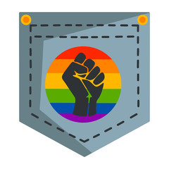 Vector illustration with a denim pocket. Round LGBT icon with a black fist in the middle.