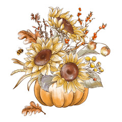 Vintage fall sunflowers, pumpkin greeting card. Thanksgiving harvest