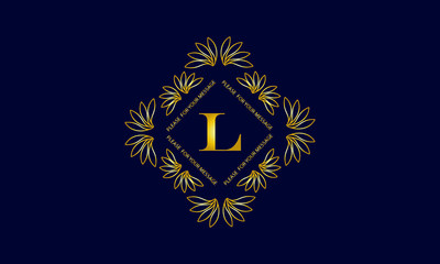 Graceful monogram with the letter L. Golden creative logo on a dark blue background. Floral vector illustration of business, cafe, office, restaurant, heraldry.