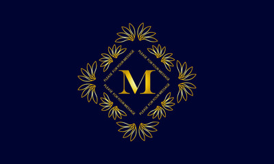 Graceful monogram with the letter M. Golden creative logo on a dark blue background. Floral vector illustration of business, cafe, office, restaurant, heraldry.