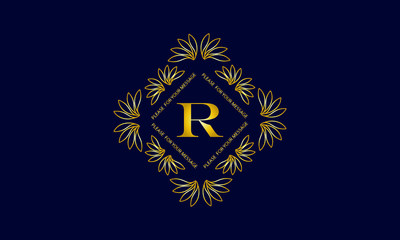 Graceful monogram with the letter R. Golden creative logo on a dark blue background. Floral vector illustration of business, cafe, office, restaurant, heraldry.