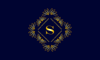 Graceful monogram with the letter S. Golden creative logo on a dark blue background. Floral vector illustration of business, cafe, office, restaurant, heraldry.