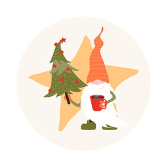 Isolated cute gnome with Christmas Tree and cup