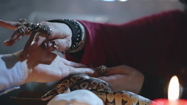 Fortune teller woman point her finger client palm reading future
